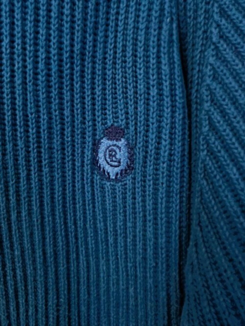 Vintage Chaps Ralph Lauren Teal Ribbed Raglan Knit Sweater Large Cotton Crest - Picture 4 of 13